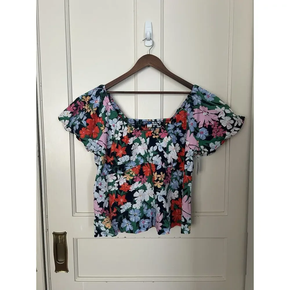 Old Navy Floral Boho Puff Sleeve Blouse Womens Size 2X Blue Pink Peasant NWT